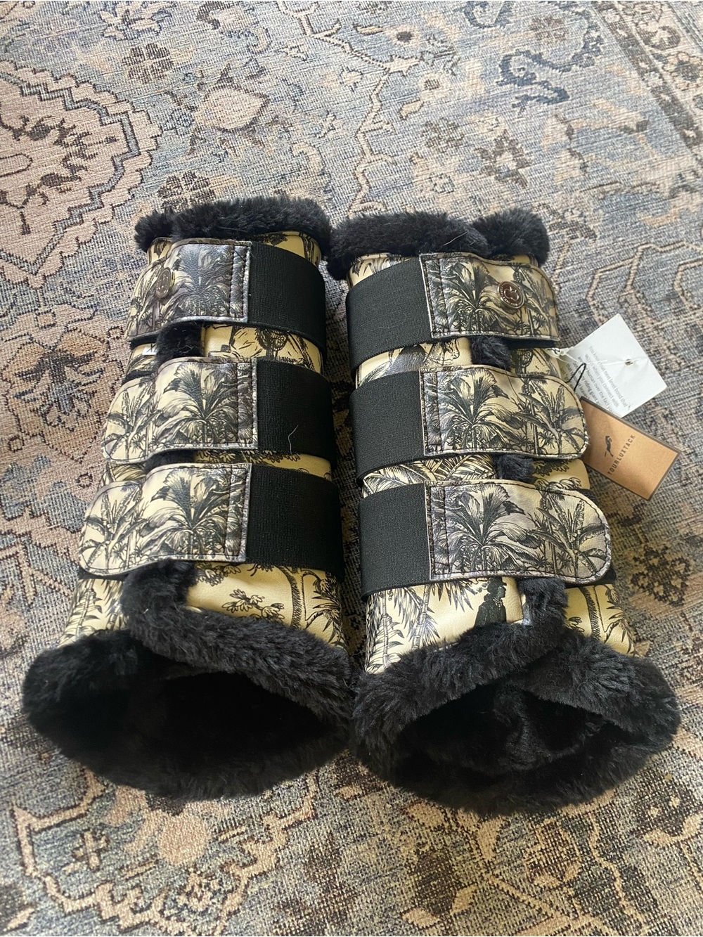 DappleBay Black & Cream Horse Print Padded Bell Boots for Horses - Picture 3 of 4